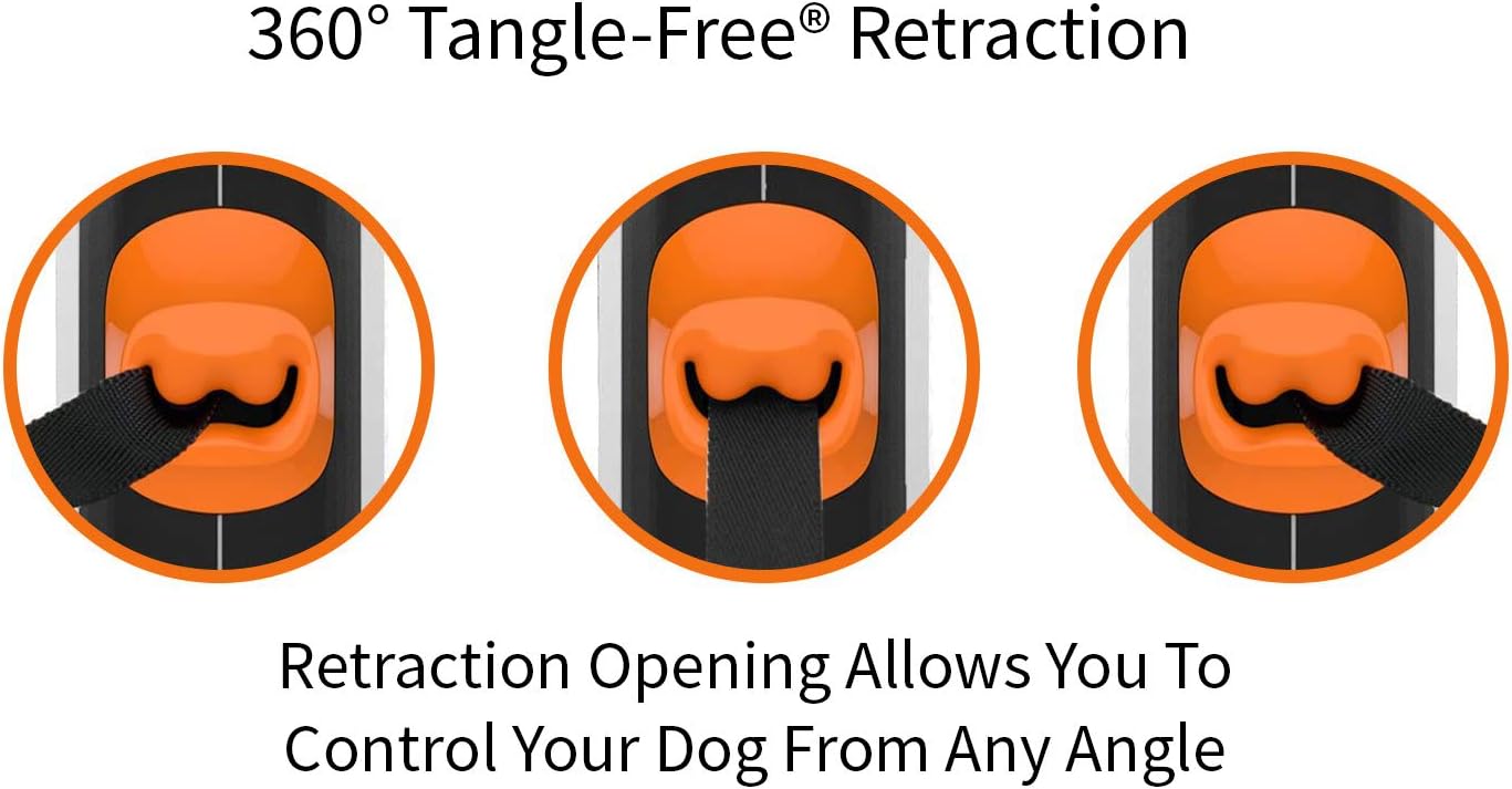 360° Tangle-Free Retractable Dog Lead for up to 15 Kg Dogs | 5 M Strong Nylon Tape | One-Handed Brake, Pause, Lock (Small, White/Orange)