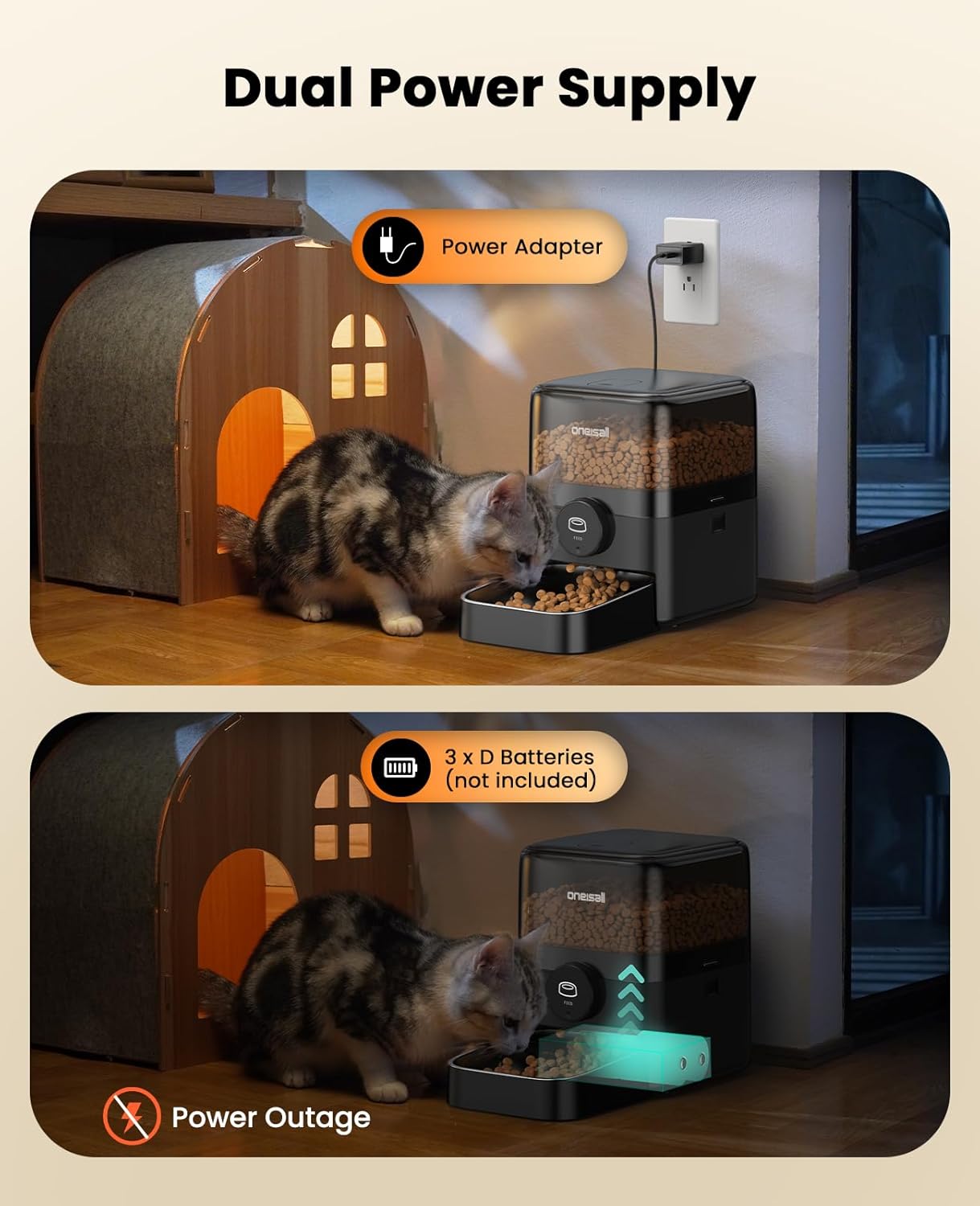 3L Automatic Cat Feeder with 304 Stainless Steel Bowl, Cat Food Dispenser Automatic with Timer, Timed Dry Food Auto Feeders for Cats Dogs, Double Lock 1-6 Meals