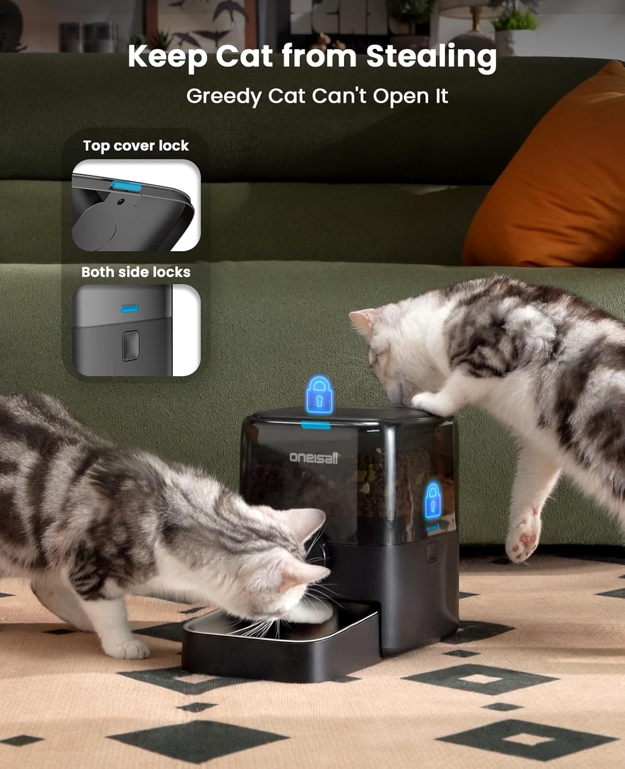 3L Automatic Cat Feeder with 304 Stainless Steel Bowl, Cat Food Dispenser Automatic with Timer, Timed Dry Food Auto Feeders for Cats Dogs, Double Lock 1-6 Meals