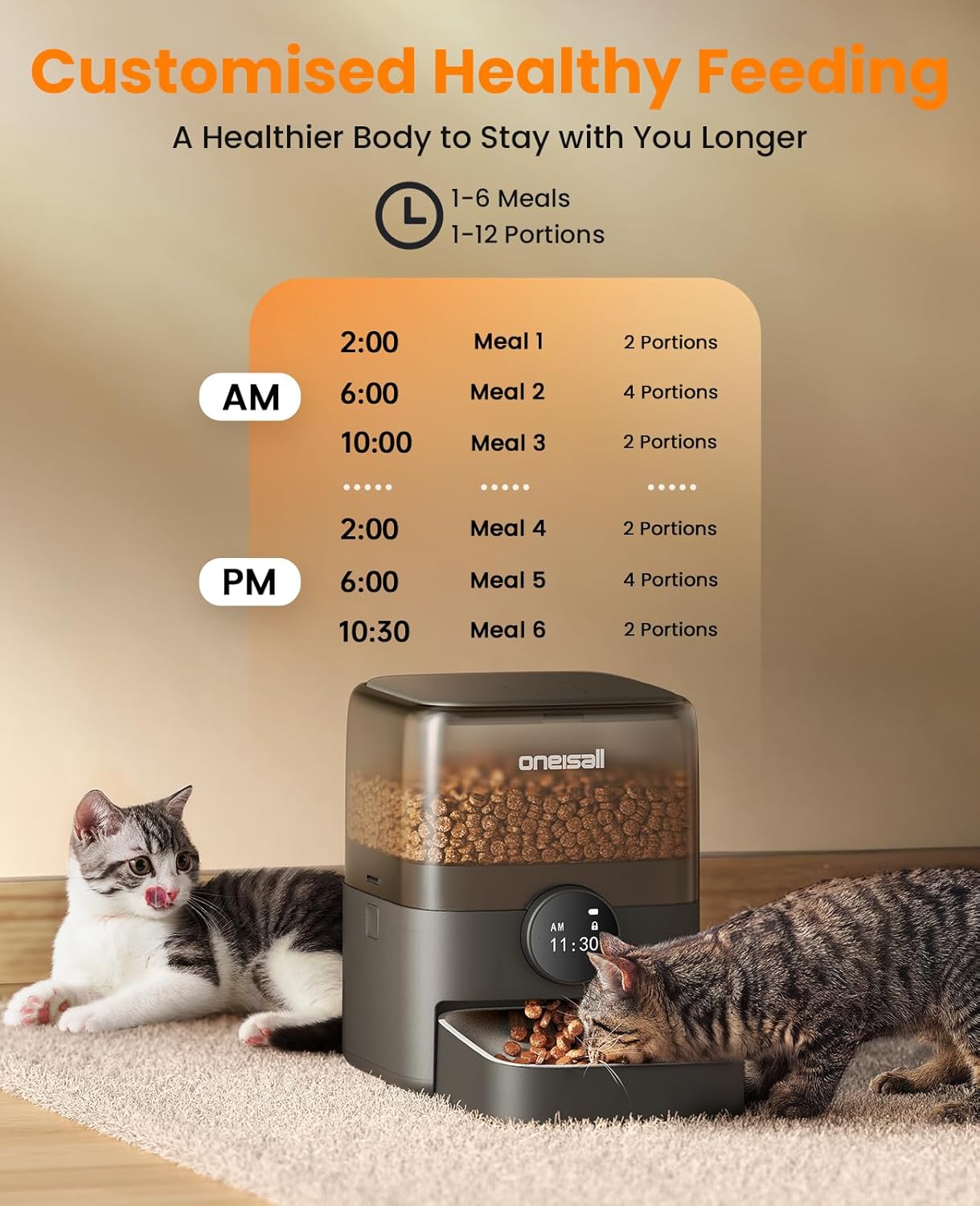 3L Automatic Cat Feeder with 304 Stainless Steel Bowl, Cat Food Dispenser Automatic with Timer, Timed Dry Food Auto Feeders for Cats Dogs, Double Lock 1-6 Meals