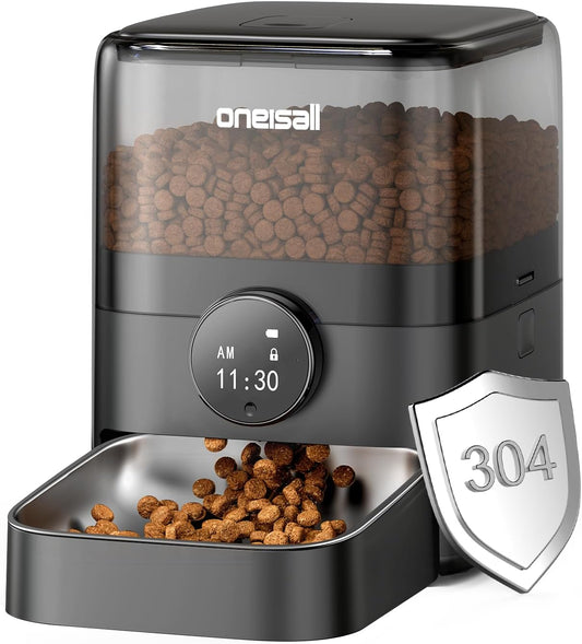 3L Automatic Cat Feeder with 304 Stainless Steel Bowl, Cat Food Dispenser Automatic with Timer, Timed Dry Food Auto Feeders for Cats Dogs, Double Lock 1-6 Meals