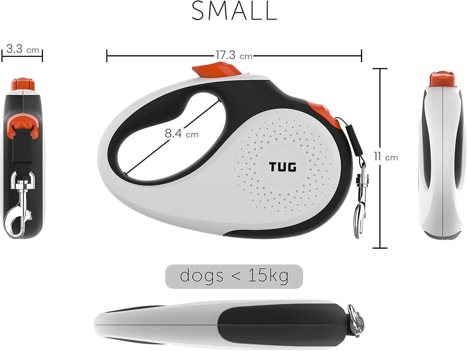 360° Tangle-Free Retractable Dog Lead for up to 15 Kg Dogs | 5 M Strong Nylon Tape | One-Handed Brake, Pause, Lock (Small, White/Orange)