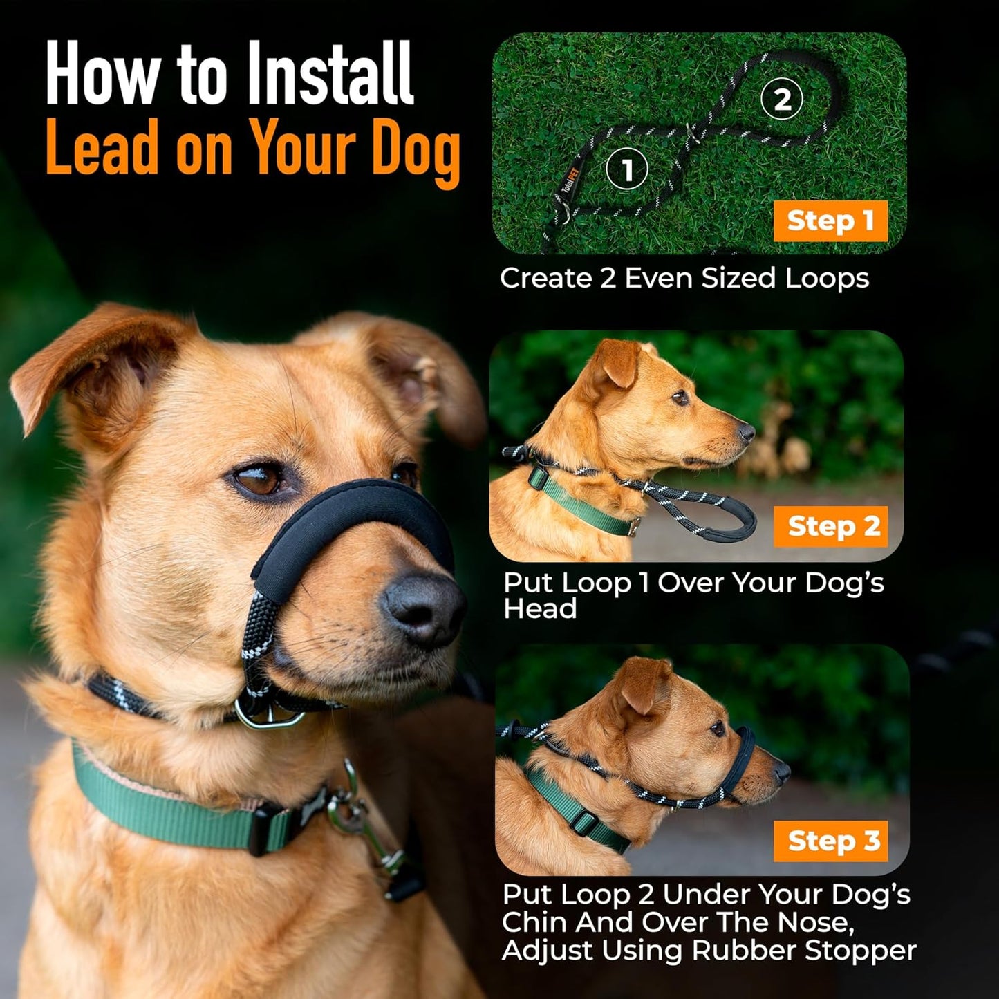 Figure of 8 Dog Lead - anti Pull Stop Dogs Pulling - Rope Slip Leads with Padded se Support (Medium/Large) Black