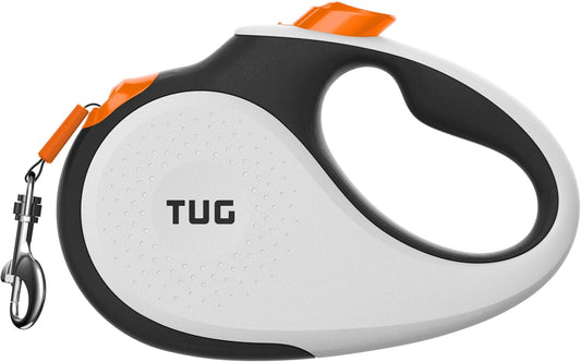 360° Tangle-Free Retractable Dog Lead for up to 15 Kg Dogs | 5 M Strong Nylon Tape | One-Handed Brake, Pause, Lock (Small, White/Orange)