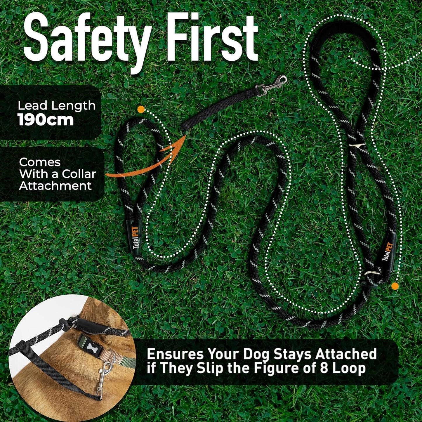 Figure of 8 Dog Lead - anti Pull Stop Dogs Pulling - Rope Slip Leads with Padded se Support (Medium/Large) Black