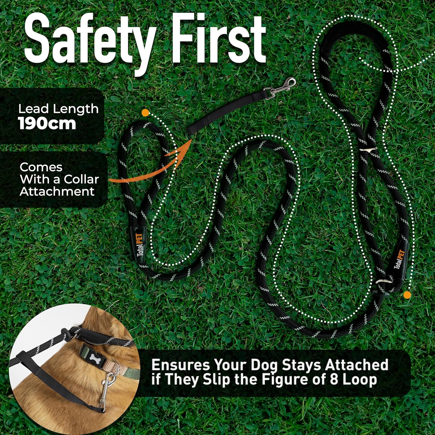 Figure of 8 Dog Lead - anti Pull Stop Dogs Pulling - Rope Slip Leads with Padded se Support (Medium/Large) Black