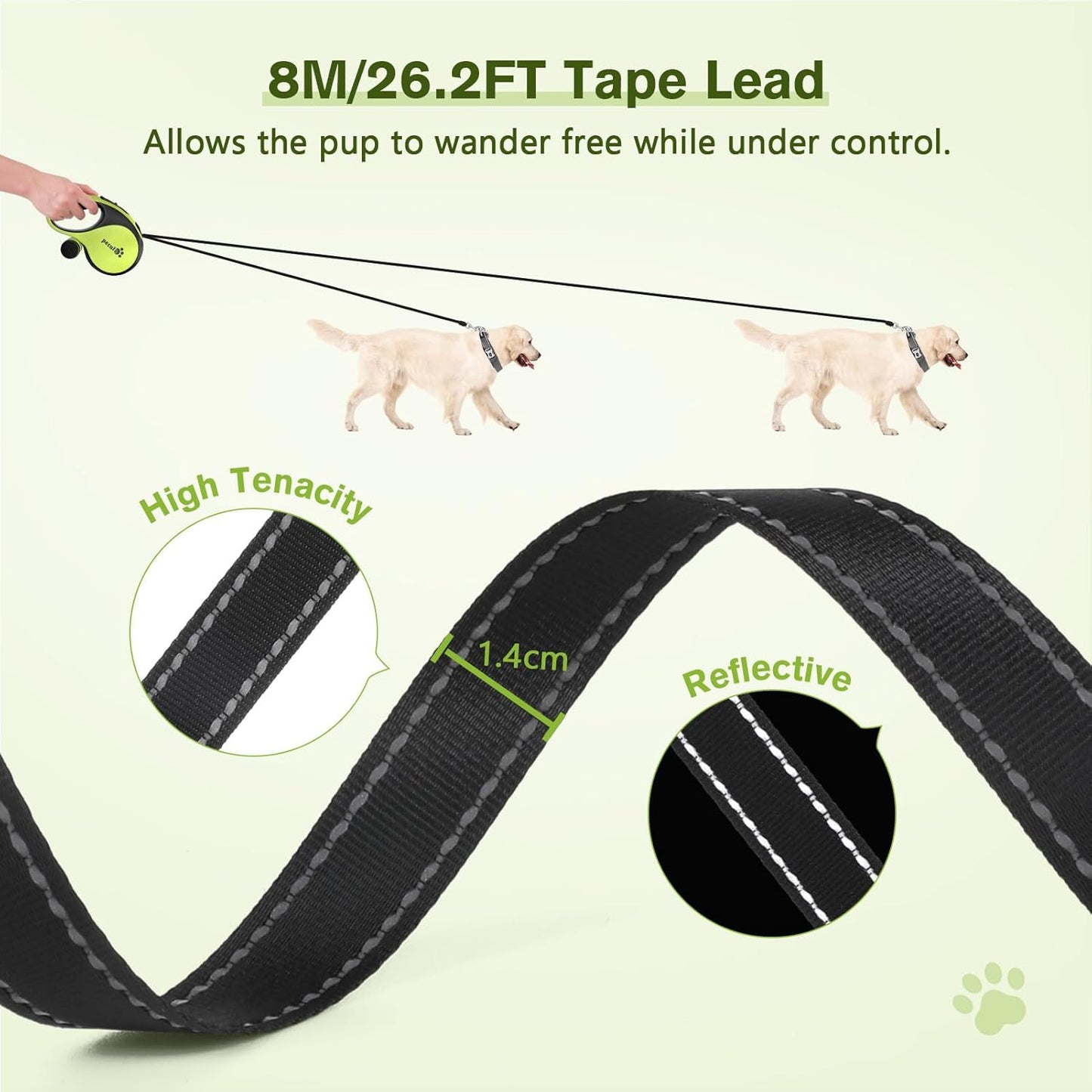 Retractable Dog Leash with Poo Bag Holder, 8M/26.2Ft Dog Leash with 360° Tangle-Free Extended, Anti-Slip Handle and Quick Brake Button, Suitable for Dogs up to 110Lbs/50Kg in Weight