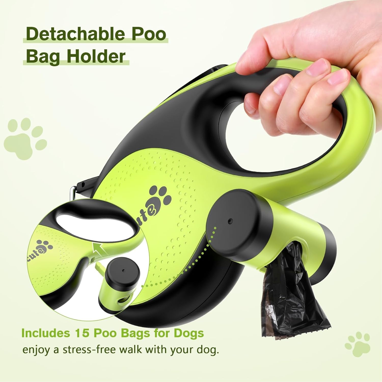 Retractable Dog Leash with Poo Bag Holder, 8M/26.2Ft Dog Leash with 360° Tangle-Free Extended, Anti-Slip Handle and Quick Brake Button, Suitable for Dogs up to 110Lbs/50Kg in Weight