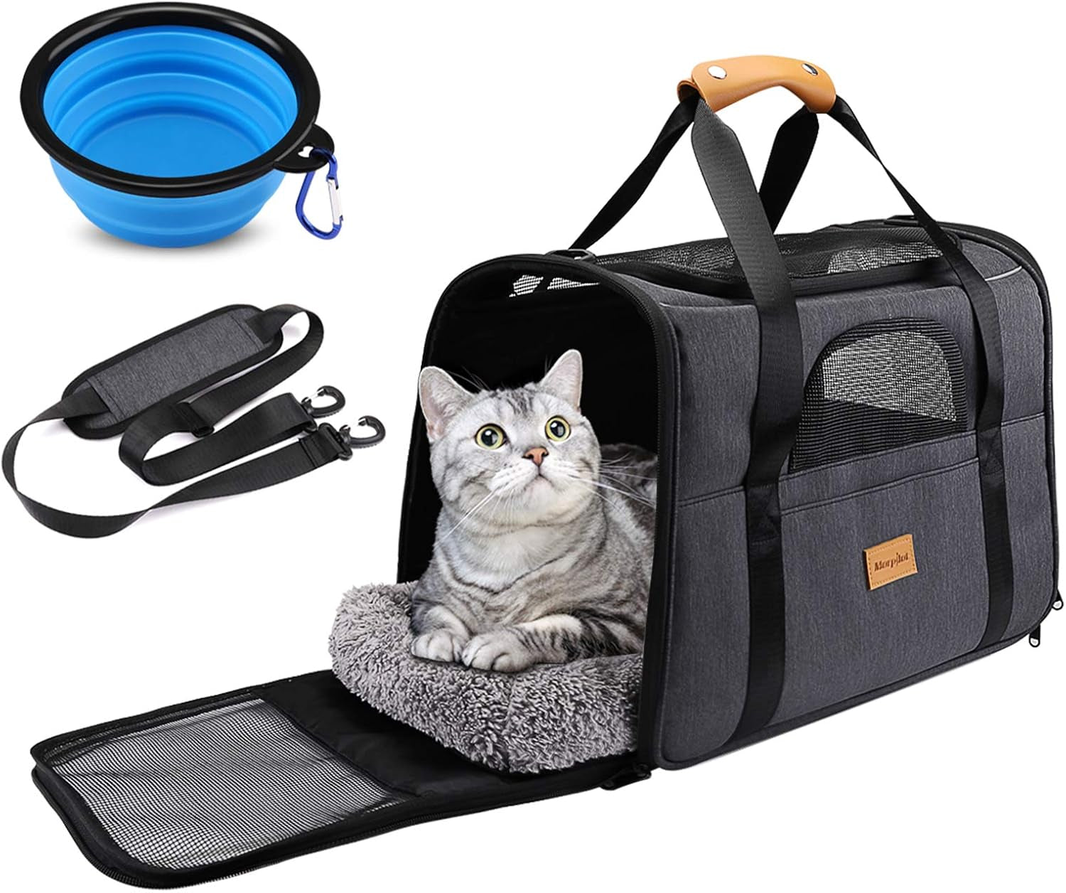 Premium Portable Cat Carrier - Airline Approved Soft-Sided Travel Bag for Cats & Small Dogs, Includes Removable Mat & Pet Bowl, Comfortable Shoulder Strap, Foldable Design