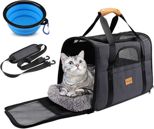 Premium Portable Cat Carrier - Airline Approved Soft-Sided Travel Bag for Cats & Small Dogs, Includes Removable Mat & Pet Bowl, Comfortable Shoulder Strap, Foldable Design